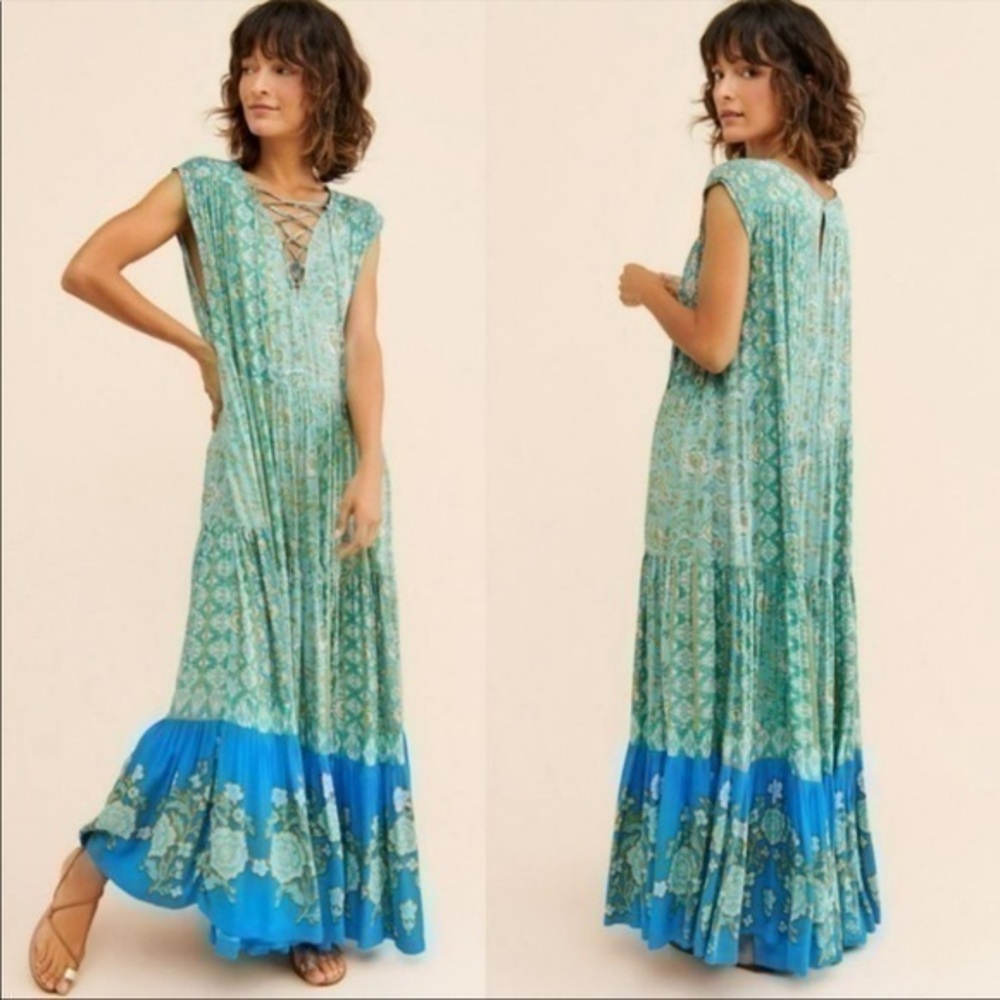 Free People Hanalei Bay Tiered Maxi Dress in Hawaii Breeze Combo Size Small NWT